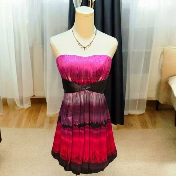 Bebe Silk Strapless Ombre Dress ✦ Pink Black Gradient Bubble Hem ✦ Sweetheart S - Picture 6 of 16